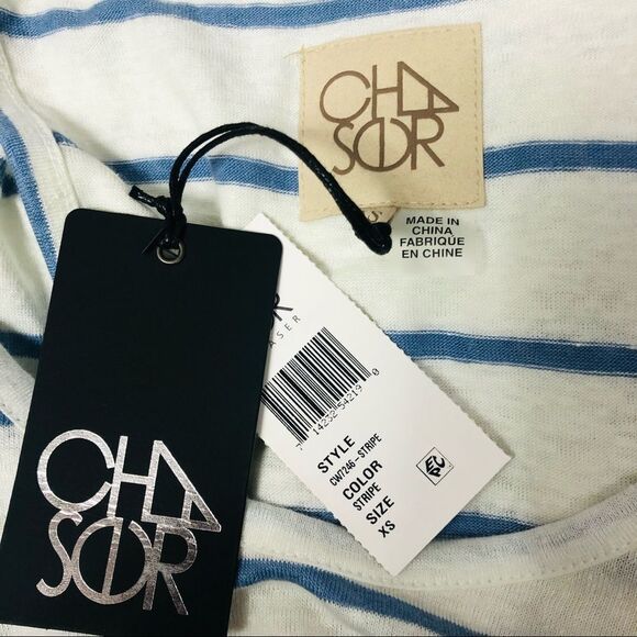 CHASER Striped Linen Cold Shoulder Ruffle Crossover Back Top Shirt White Blue XS - Picture 9 of 10